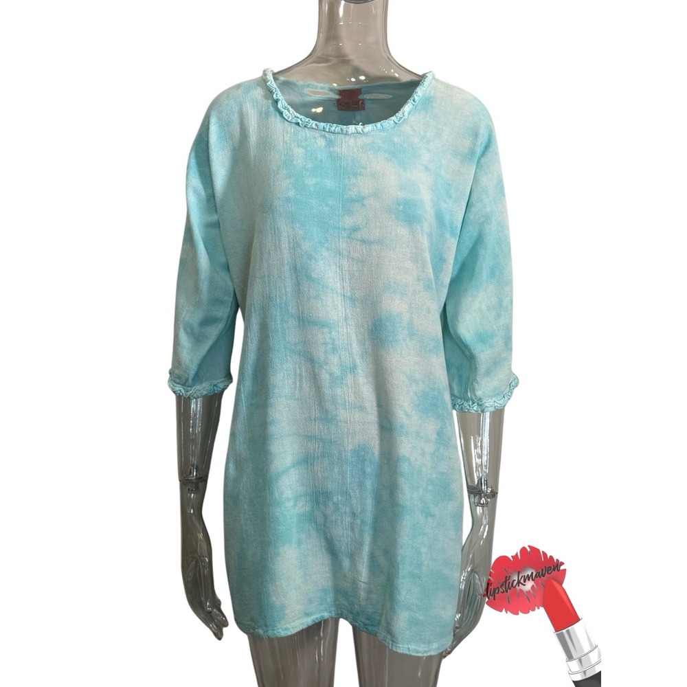 Oh My Gauze Top Small Blue Cotton Tunic Pocket Oversized Lagenlook Coastal